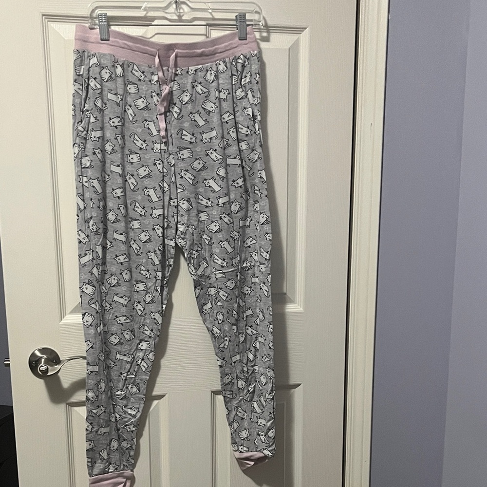 Women's Cat Pyjama Pants Rene Rofe Gray Pink Loungewear Pockets Drawstring - Picture 2 of 5